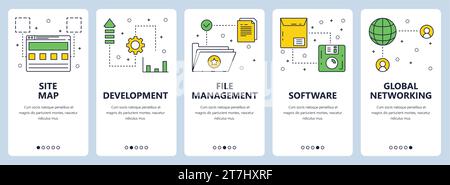 Vector set of vertical banners with Site map, Development, File management, Software, Global networking website templates. Modern thin line flat style Stock Vector