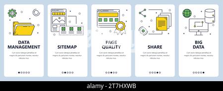 Vector set of vertical banners with Data management, Sitemap, Page quality, Share, Big data website templates. Modern thin line flat style design. Stock Vector