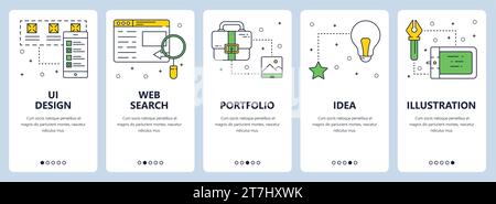 Vector set of vertical banners with UI design, Web search, Portfolio, Idea, Illustration website templates. Modern thin line flat style design. Stock Vector