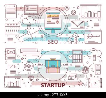 Vector set of SEO and Startup concept horizontal banners. Modern thin line flat design elements, icons for web, marketing, presentation and printing. Stock Vector