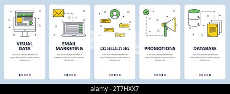 Vector set of vertical banners with Visual data, E-mail marketing, Consulting, Promotion, Database website templates. Modern thin line flat style desi Stock Vector