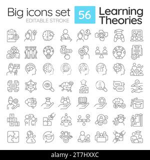 2D editable black big linear icons set for learning theories Stock Vector