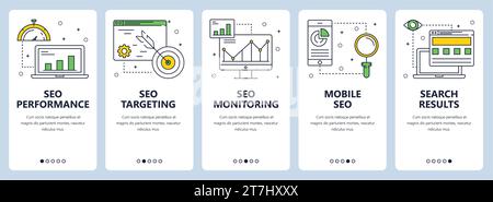 Vector set of vertical banners with SEO performance, SEO targeting, SEO monitoring, Mobile SEO and Search results website templates. Modern thin line Stock Vector
