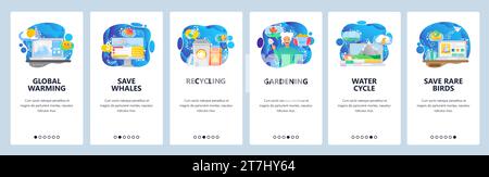 Mobile app onboarding screens. Climate change, global warming, recycling waste and save animals. Menu vector banner template for website and mobile de Stock Vector