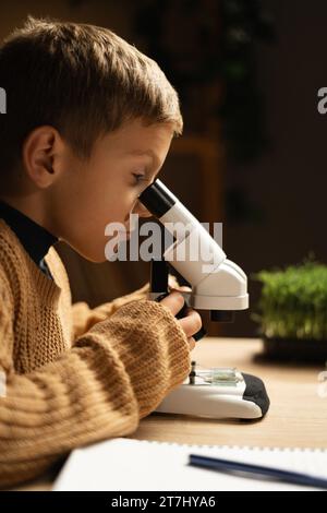 Schoolboy studying nature at home using a microscope while conducting experiments for a school project Stock Photo