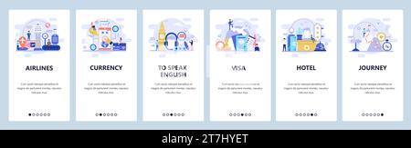 Mobile app onboarding screens. Travel icons, visa, passport, airport and currency exchange. Menu vector banner template for website and mobile develop Stock Vector
