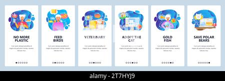 Mobile app onboarding screens. Save the planet, protect animals, no plastic bags. Menu vector banner template for website and mobile development. Web Stock Vector