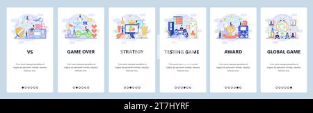Mobile app onboarding screens. Online computer games, strategy, game over, winner, console controller. Menu vector banner template for website and mob Stock Vector