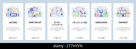 Mobile app onboarding screens. Game simulator, arcade, action, cyber sport. Menu vector banner template for website and mobile development. Web site d Stock Vector