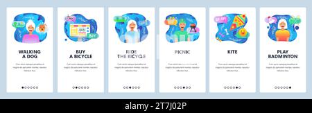 Mobile app onboarding screens. Weekend outdoor activities, leisure time, walking dog in a park, ride bycicle. Menu vector banner template for website Stock Vector