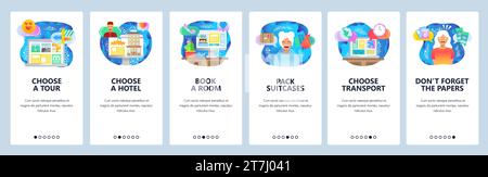 Mobile app onboarding screens. Plan vacation, travel, hotel booking, buy air tickets online. Menu vector banner template for website and mobile develo Stock Vector