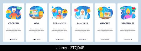 Mobile app onboarding screens. Food delivery, grocery order online, asian and italian food. Menu vector banner template for website and mobile develop Stock Vector