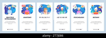 Mobile app onboarding screens. Science research, female scientist, education topics. Menu vector banner template for website and mobile development. W Stock Vector