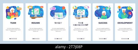 Mobile app onboarding screens. Business development, female manager, time management, job profile. Menu vector banner template for website and mobile Stock Vector