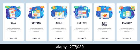 Mobile app onboarding screens. Sale promotion, retail price, auction, online shopping, order delivery. Menu vector banner template for website and mob Stock Vector