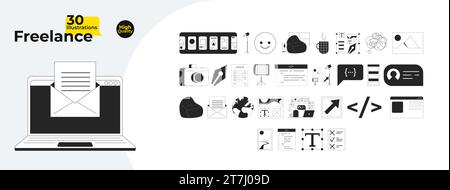 Freelance services black and white 2D line cartoon objects bundle Stock Vector