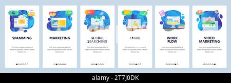 Mobile app onboarding screens. Online computer technologies, digital marketing, work flow, email spam. Menu vector banner template for website and mob Stock Vector