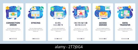 Mobile app onboarding screens. Computer technology, cyber security, access denied, data sync, connection error. Vector banner template for website and Stock Vector