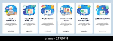 Mobile app onboarding screens. Online dating profile, business development, market financial research, prototyping. Menu vector banner template for we Stock Vector
