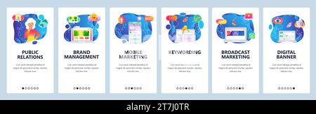 Mobile app onboarding screens. Digital marketing and branding, sale timer, female PR specialist. Menu vector banner template for website and mobile de Stock Vector