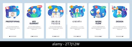 Mobile app onboarding screens. Loading, business growth, female artist, creative designer, winner. Menu vector banner template for website and mobile Stock Vector