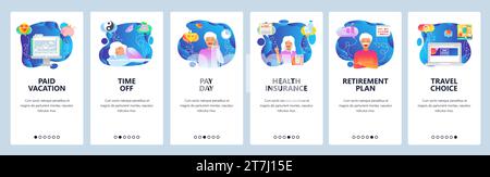 Mobile app onboarding screens. Health insurance, retirement plan, time to sleep, flight vacation. Menu vector banner template for website and mobile d Stock Vector