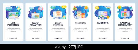 Mobile app onboarding screens. Air and water pollution, waste sorting and recycling, city pollution, ecology and environment. Vector banner template f Stock Vector