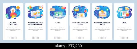 Mobile app onboarding screens. Digital marketing, conversion rate, data storage, cold calls. Menu vector banner template for website and mobile develo Stock Vector