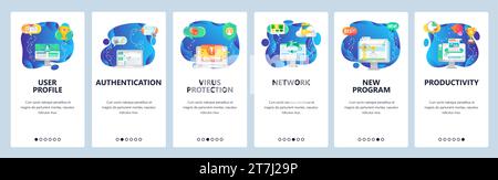Onboarding for web site and mobile app. Menu banner vector template for website and application development. User profile, Authentication, Virus prote Stock Vector