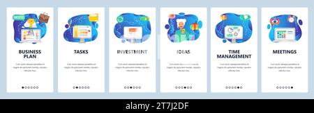 Onboarding for web site and mobile app. Menu banner vector template for website and application development. Business plan, Tasks, Investment, Ideas, Stock Vector