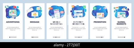 Onboarding for web site and mobile app. Menu banner vector template for website and application development. Advertising, Message, Mobile and internet Stock Vector