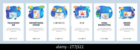 Onboarding for web site and mobile app. Menu banner vector template for website and application development. Television ad, Advertising stand, Campaig Stock Vector