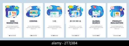 Onboarding for web site and mobile app. Menu banner vector template for website and application development. Web marketing, Coding SEO, Spamming, Glob Stock Vector