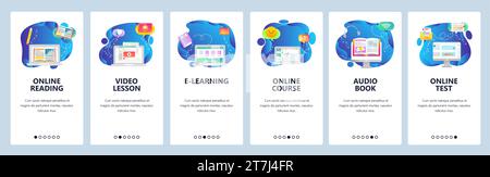 Onboarding for web site and mobile app. Menu banner vector template for website and application development. Online reading, course and test, Video le Stock Vector
