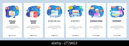 Onboarding for web site and mobile app. Menu banner vector template for website and application development. Visual and audio data, Promotion, Growth, Stock Vector