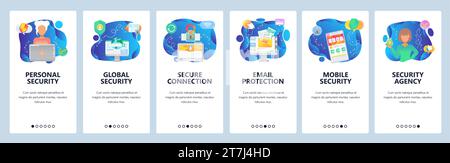Onboarding for web site and mobile app. Menu banner vector template for website and application development. Personal, global, mobile security, Secure Stock Vector