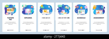 Onboarding for web site and mobile app. Menu banner vector template for website and application development. Tuition fee, Diploma, Research, Dissertat Stock Vector