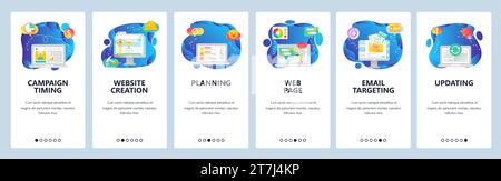 Onboarding for web site and mobile app. Menu banner vector template for website and application development. Campaign timing, Website creation, Planni Stock Vector