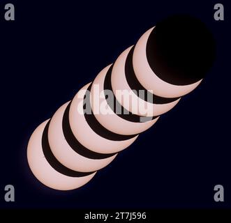 This is a composite of the October 14, 2023 annular solar eclipse with a sequence of six images showing the Moon advancing across a sunspot, the large Stock Photo