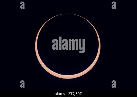 The October 14, 2023 annular solar eclipse, in a single image captured at second contact with the Moon tangent to the inside limb of the Sun, at 10:27 Stock Photo