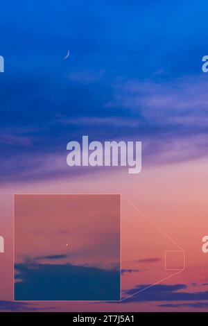 The waxing 3-day-old crescent Moon above the crescent Venus on July 20, 2023 amid the colours of a late evening summer sunset. The Moon was 8° above V Stock Photo
