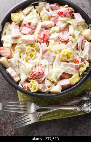 Grinder Salad consisting of tomatoes, salami, cheese, iceberg lettuce, ham, onions, peppers with a spicy cream dressing closeup on the plate on the ta Stock Photo