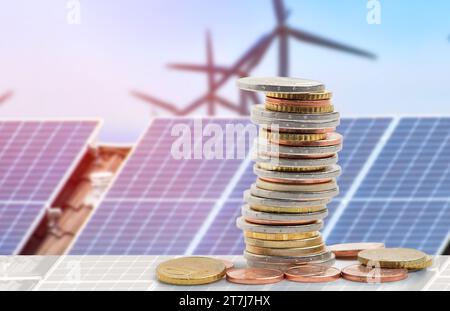 Money saved by using energy with solar panel on the roof at house Stock Photo