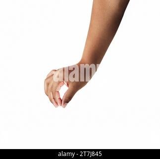 Child hand hanging something blank isolated on a white background Stock Photo