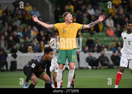 MELBOURNE, AUSTRALIA 16th November 2023. Pictured: Australian defender Harry Souttar(19) at the FIFA World Cup 2026 AFC Asian Qualifiers R1 Australia v Bangladesh at Melbourne’s rectangular stadium. Credit: Karl Phillipson/Alamy Live News Stock Photo