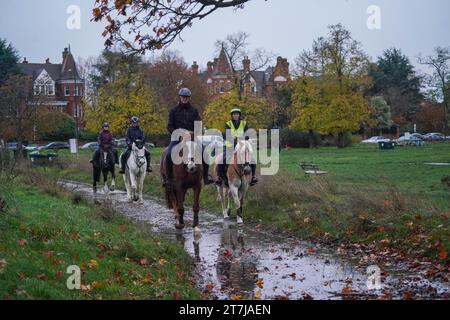 Wimbledon London, UK. 16 November 2023. Horse riders on a waterlogged  Wimbledon Common , south west London  on a cold and wet morning  as temperatures have  started to drop  with the  approach of winter. Credit: amer ghazzal/Alamy Live News Stock Photo