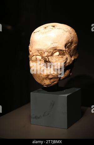 Plastered human skulls.human skull covered in worn plaster, with eye sockets set with simple sea shells Tell es-Sultan, Jericho, c. 9000 BC. Neolithic Stock Photo