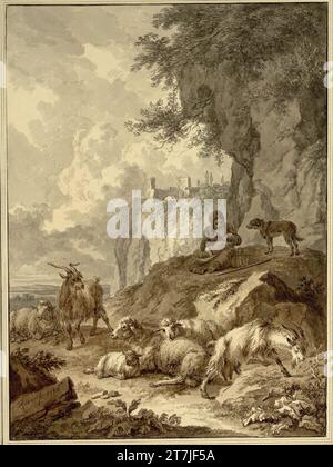 Joseph Rosa Shepherdess with her infant and the herd under a rock wall. Leading handle, spring and brush in gray, gray -brown and dark brown, laviest 1786 , 1786 Stock Photo