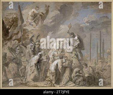 Jan Erasmus Quellinus Sacrifice of iPhigenie on Tauris. Brush in gray and deck white, blue, ocher and cream-colored oil paint, over black chalk, on light brown tinted paper; Revised by later hand ; Traces of a vertical folding; Gray oxidation spots in the deck white; On Li. Edge and torn in the top; FOITION DISCUSTIONS. Stock Photo