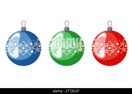 Collection of three multicolored Christmas balls in cartoon style. Retro, vintage Christmas tree decoration. Vector illustration isolated on a white Stock Vector